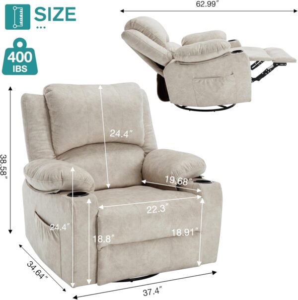 Massage Recliner Chair for Adults 360°Swivel Rocker Recliner Chair with 8Point Massage and Heat, Oversized Soft Fabric Recliner Chair for Living Room Home Theater Reclining Sofa Chair Beige - Image 2