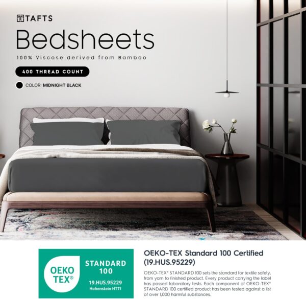 Tafts 100% Viscose derived from Bamboo Sheets King Size Bed Sheet Set, 17 Inch Deep Pockets, Luxuriously Soft, Silky, Cooling Sheets, Double Stitched, Lifetime Quality Promise (Black) - Image 2