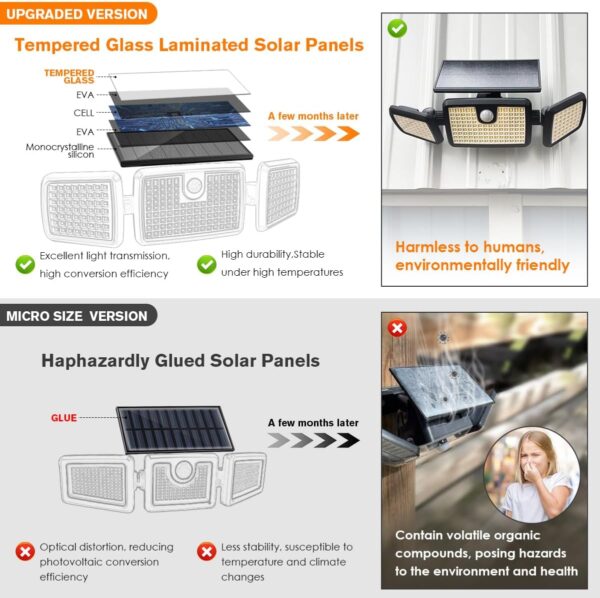 Solar Lights Outdoor, Quick Charge Solar Motion Deck Lights Outdoor for Deck with 2500LM 232 LEDs High Brightness, Larger Built-in Tempered Glass Solar Panel, Sensitive PIR Motion Inductor (2-Pack) - Image 3