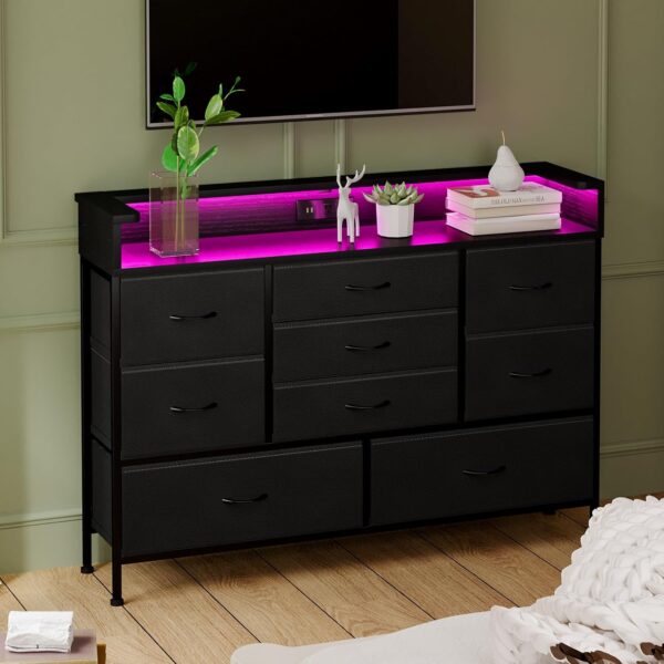 Fixwal Black LED Dresser, Dresser with 9 Drawers and Charging Station, Fabric Chest of Drawers with PU Finish for Kid Room, Entryway, Living Room, Hallway - Image 6