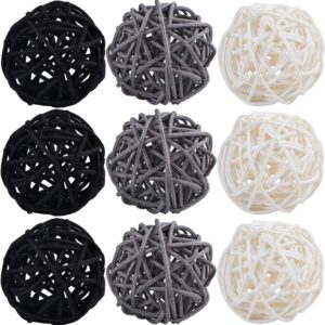 STMK 9 Pcs 3 Inch Wicker Balls Decorations, Rattan Balls Decorative for Home Decor DIY Vase Bowl Filler Ornament Baby Room Nursery Décor Wedding Table Decoration (Black, Grey, White)