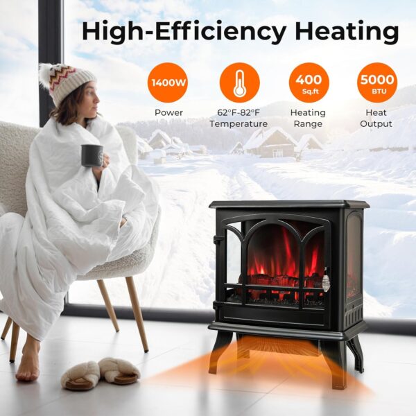 GOFLAME 23” Electric Fireplace Stove, Freestanding Fireplace Heater with 3-Level Dimmable Flame Effect and 6H Timer, Remote Control, Compact Stove Heater with Overheat Protection, 1400W - Image 3