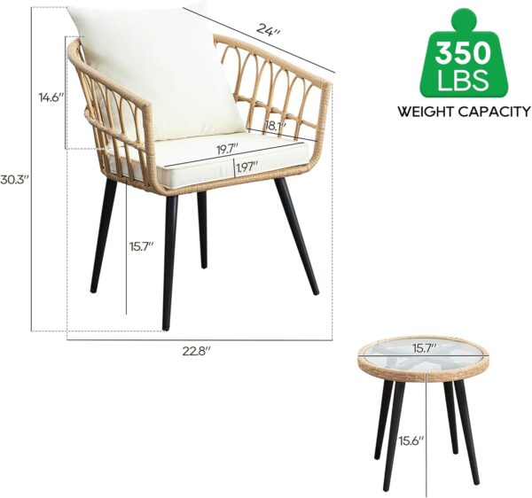 3 Piece Patio Bistro Set, Outdoor Wicker Apartment Balcony Furniture Sets, Rattan Table and Chairs Set of 2 for Porch Backyard Lawn Poolside Deck, Beige - Image 7