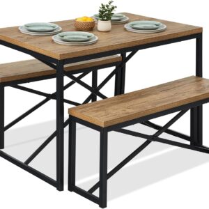 Best Choice Products 45.5in 3-Piece Bench Style Dining Furniture Set, 4-Person Space-Saving Dinette for Kitchen, Dining Room w/ 2 Benches, Table - Light Brown/Black