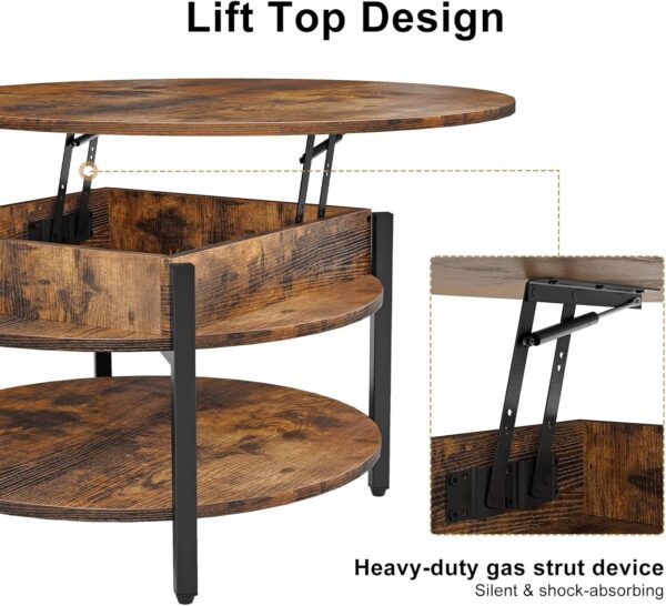 FABATO Round Lift Top Coffee Table for Living Room, 35.43'' Round Coffee Table with Storage and Hidden Compartment, 2 Tier Large Farmhouse Coffee Table Round Dining Table, Rustic Brown - Image 7