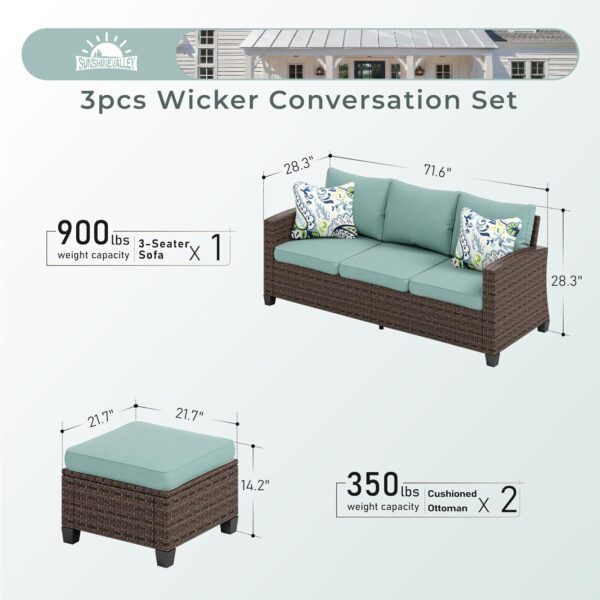 Patio Conversation Set Outdoor Furniture Brown Wicker Rattan Sets with Cushion Sectional Furniture,3 Pieces 5 Seats,Blue - Image 6