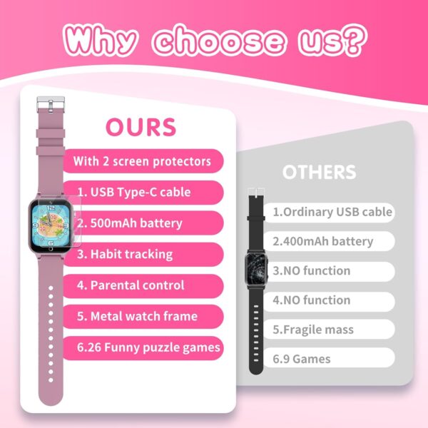 Kids Smart Watch Gift for Girls Age 5-12, 26 Games HD Touch Screen Watches with Video Camera Music Player Pedometer Flashlight 12/24 hr Educational Toys Birthday Gifts for Girls Ages 7 8 9 10 - Image 6