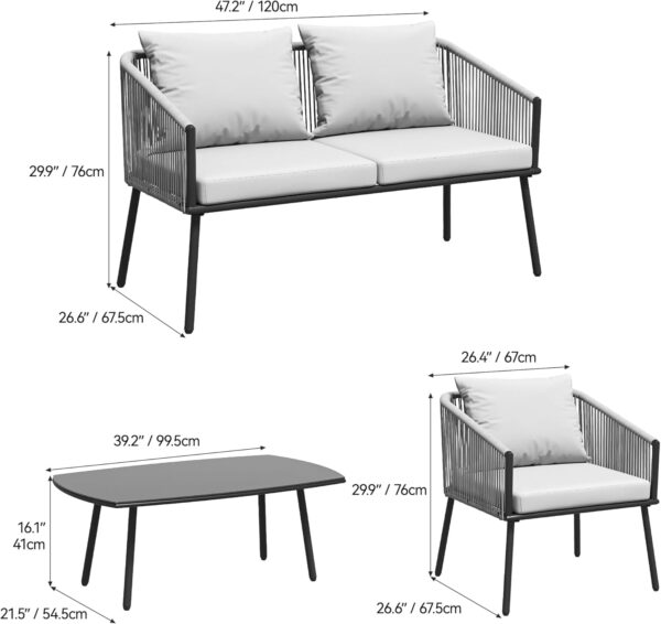 YITAHOME 4-Piece Patio Furniture Outdoor Bistro Set, All Weather Double Gray Rope Conversation Loveseat for Backyard, Balcony, Deck with Soft Cushions and Metal Table (Gray) - Image 2