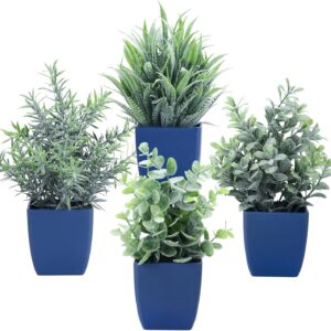 summer flower Set of 4 Fake Plants in Pot,Small Artificial Eucalyptus Potted Plant,Mini Wheat Grass，Ferns Faux Plants Greenery for Home Indoor Office Table Bathroom Farmhouse Decoration (Blue)