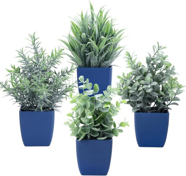 summer flower Set of 4 Fake Plants in Pot,Small Artificial Eucalyptus Potted Plant,Mini Wheat Grass，Ferns Faux Plants Greenery for Home Indoor Office Table Bathroom Farmhouse Decoration (Blue)