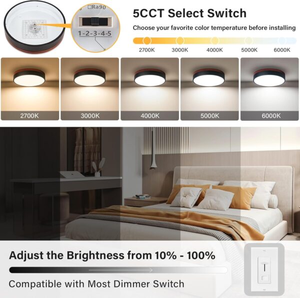 LED Ceiling Light Dimmable, Black and Wood Flush Mount Ceiling Light Fixture 5CCT in One, Minimalist Round Ceiling Lamp Modern Lighting for Kitchen, Bedroom, Hallway, Laundry Room, 11.8 Inch - Image 2