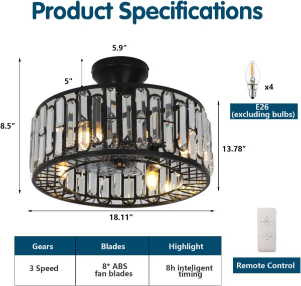 18" Crystal Caged Ceiling Fan with Lights Remote Control, 3-Speed Industrial Bladeless Fandelier, Flush Mount Black Metal Fandelier Fan Light for Bedroom, Living Room, Dining Room - Image 4