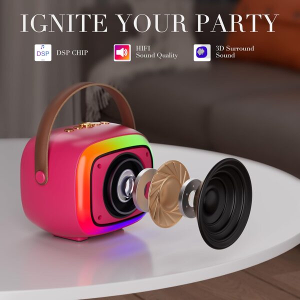 2024 New Mini Karaoke Machine for Kids & Adults, 2 Wireless Mics, LED Colortul Lights, Portable Outdoor Bluetooth Speaker, Toys Birthday Gifts for Boys & Girls Ages 3-12 (Rose Red) - Image 6