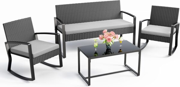 4 Piece Outdoor Patio Furniture Set, Wicker Patio Furniture with Glass Coffee Table, Rocking Wicker Bistro Set, for Backyard, Poolside, Porch (Grey)