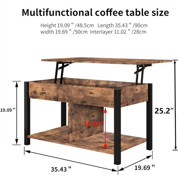 Industrial Lift Top Coffee Table with Hidden Storage Compartment & Storage Shelf, Dining Center Table for Living Room Reception Room, Rustic Brown and Black, Easy Assembly - Image 2
