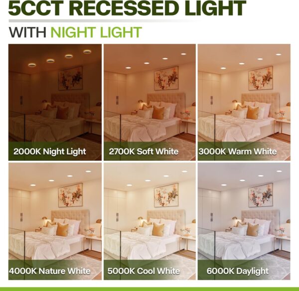 2 Pack Recessed Lighting 4 Inch with Night Light, 4 Inch LED Recessed Lights 5CCT Dimmable 2700K/3000K/4000K/5000K/6000K, 9W 700LM Ultra Thin Recessed Lighting - ETL and Energy Star Certified - Image 6