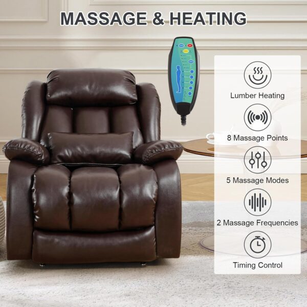 EDILLY Large Genuine Leather Power Lift Recliner Chair for Elderly, Dual Motor with Massage and Heating,with Double Lumbar Cushion and Extended Footrest,USB Port and Remote(Brown) - Image 3
