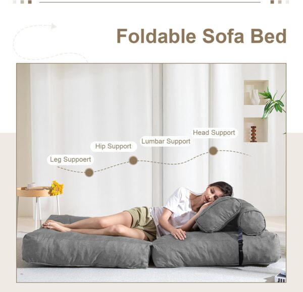 YOSHOOT Folding Couch Sofa Bed, Convertible Sleeper Chairs with Back Support, Foldable Couch Futon Mattress with Pillow, Portable Fold Out Chair Bed Floor Mattress Floor Couch for Living Room - Image 4