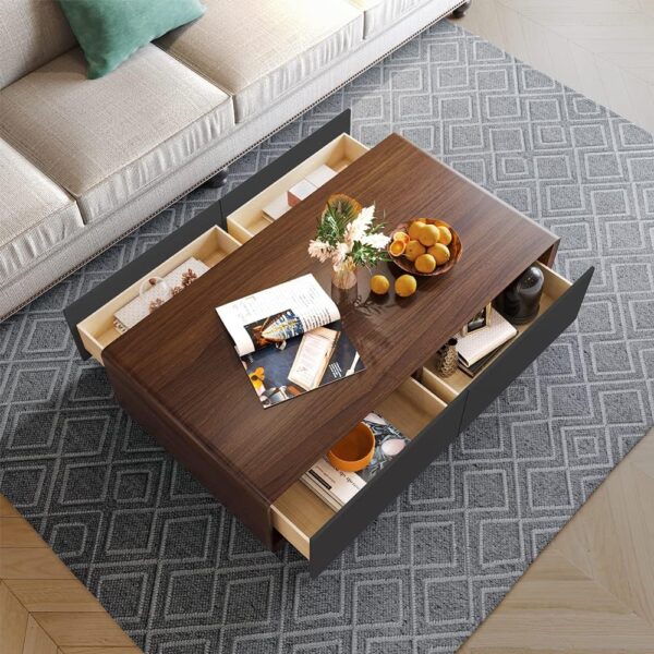 POVISON Modern Coffee Table for Living Room, 51 inch Square Coffee Table with Storage, 4-Drawers Wood Coffee Table, Full-Assembled, Walnut and Black - Image 3