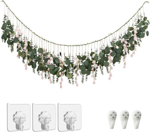Eucalyptus Wall Decor with Flower Boho Wall Long Artificial Greenery Hanging Plant Leaves 5.6 Feet for Bedroom