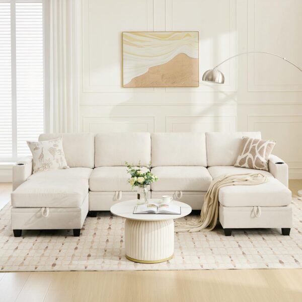 Bumblr 117.4" Convertible Sectional Couch with Storage Seat, 6 Seat Modern U Shaped Sectional Sofa with Double Reversible Chaise, Comfy Chenille Armrest Storage and Cup Holder for Living Room, Beige - Image 3