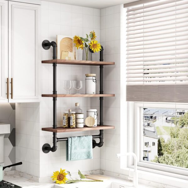 BOSURU Industrial Pipe Bathroom Shelves Rustic Wood Shelves with Towel Bar 24" Farmhouse Wall Shelf for Wall Pipe Shelving - Image 4