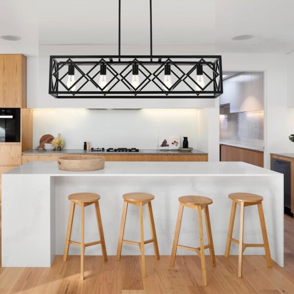 BONLICHT ‎Transitional 5 Light Farmhouse Chandelier Industrial Large Black Kitchen Island Linear Pendant Lights Modern Rectangle Dining Room Lighting Fixtures Hanging Metal Cage Ceiling Lamp for Bar - Image 6