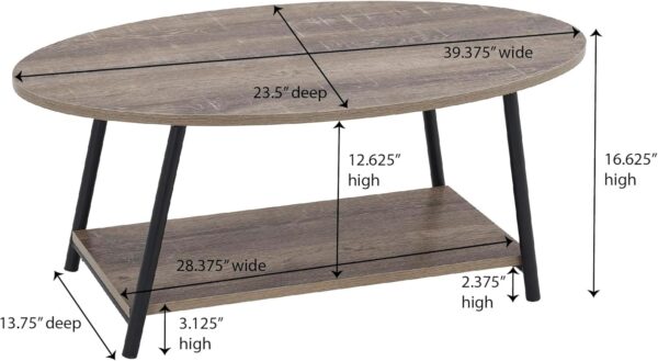 Household Essentials 8081-1 Oval Rustic Coffee Table with Storage Shelf | Distressed Ashwood - Image 3