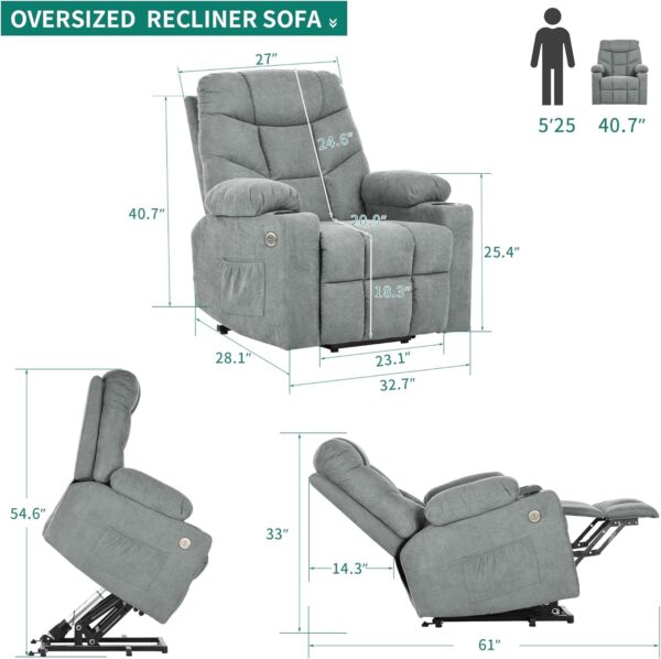 YITAHOME Electric Power Lift Recliner Chair for Elderly, Fabric Recliner Chair with Massage and Heat, Spacious Seat, USB Ports, Cup Holders, Side Pockets, Remote Control (Grey) - Image 2