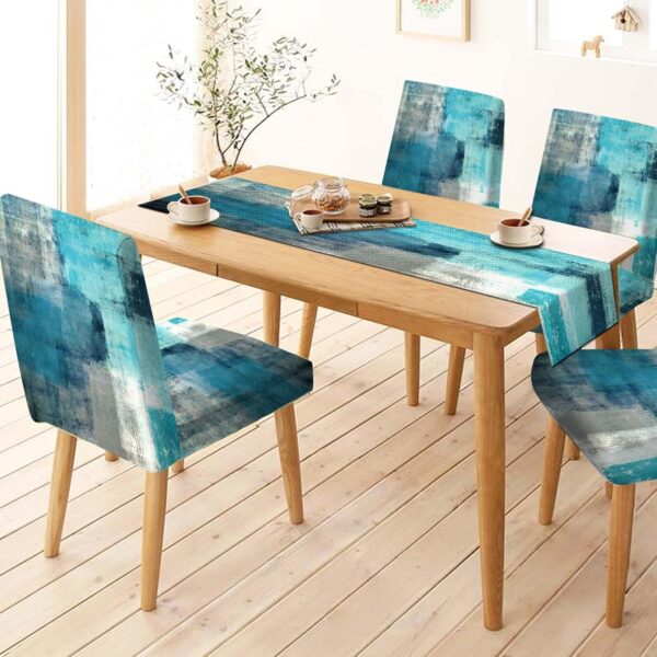 MCALK Turquoise Chair Covers Set of 4 and Table Runner,Stretch Grey Chair Slipcovers for Kitchen,Washable Removable Chair Protector Modern Chair Covers for Dining Room - Image 2