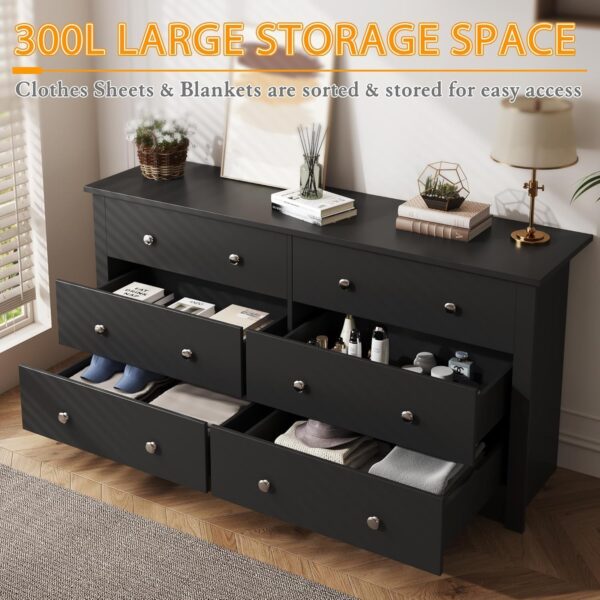 Furmax TV Stand, Entertainment Center with 6 Wood Drawers for Bedroom, Media Console Table for TV up to 65 inch, Double Dresser for Living Room Hallway Entryway (Black) - Image 5