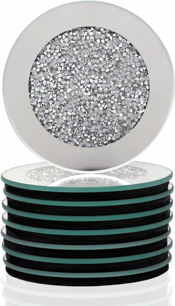GIMORRTO Glass Mirrored Coaster 4 PC, Crushed Diamond Round 4" Cup Mat Decor on Tabletop for Bar Tools Dining Table - Image 6