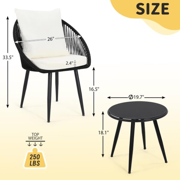 3 Pieces Bistro Set, Woven Rope Chair with Cushions, All Weather Patio Conversation Set and Side Table, Ideal for Deck, Balcony, Poolside, Black - Image 7