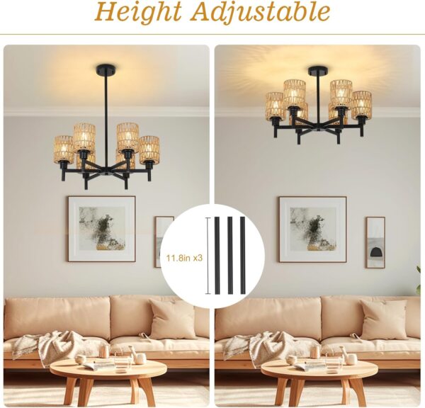Airposta Rattan Farmhouse Chandelier for Dining Room, Black Pendant Lights Kitchen Island Lighting, Boho Chandeliers Ceiling Hanging Lamp, Rustic Dining Room Light Fixture for Living Room Bedroom Hall - Image 3