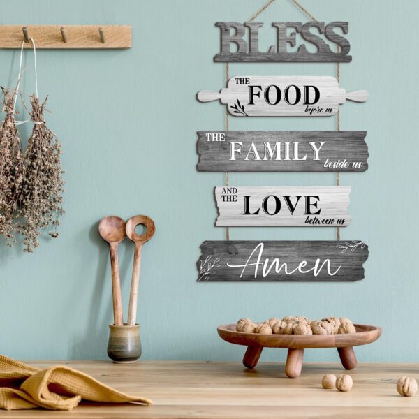Pigort Kitchen Wall Decor Bless the Food Before Us Dining Room Wall Decor - Farmhouse Wall Art For Kitchen Dining Room- Wooden Rustic 5pcs Roped Sign 12x18 Inches (Grey) - Image 3