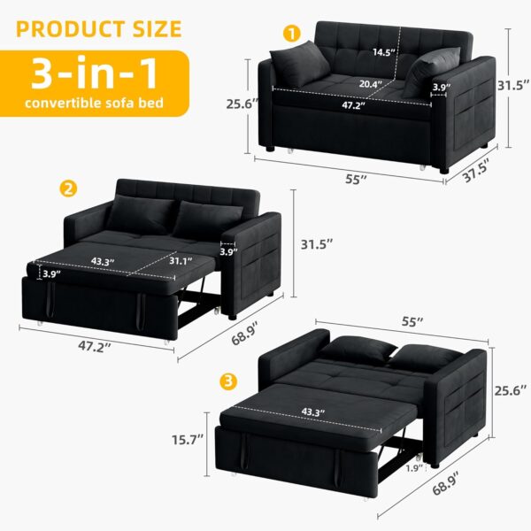 DWVO 55" Convertible Sofa Bed, 3-in-1 Sleeper Sofa with Pull-Out Bed, Velvet Futon Couch with Adjustable Backrest and Side Pocket, Modern Loveseat for Living Room Apartment, Black - Image 2