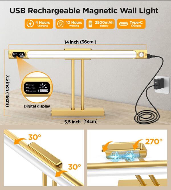 Picture Lights for Wall, Rechargeable Art Display Light with Digital Display, Remote Control, 3 Lighting Colors, Timer and Dimmable, LED Gallery Light for Painting Frame, Portrait etc - Image 6