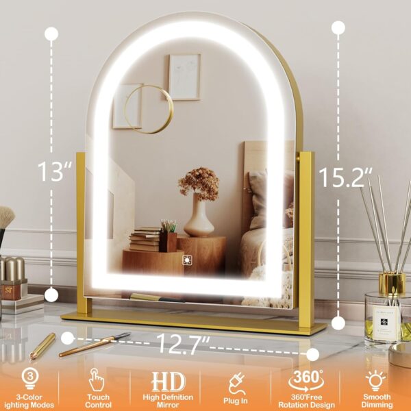 Lighted Makeup Mirror, Hollywood Vanity Mirror with Lights, Three Color Lighting Modes, and Detachable 10X Magnification Mirror, Smart Touch Control, 360°Rotation (15.2in. Curved) - Image 4