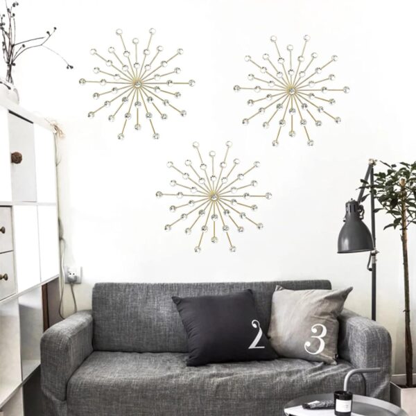 ZEXUIRU 3 Set Gold Metal Jeweled Wall Art Bling Crystal Home Décor Star Sun Rhinestone Wall Hanging Diamond Accents - Image 2