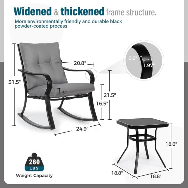 SOLAURA 3-Piece Outdoor Rocking Chairs Bistro Set, Black Iron Patio Furniture with Gray Thickened Cushion & Glass-Top Coffee Table - Image 7
