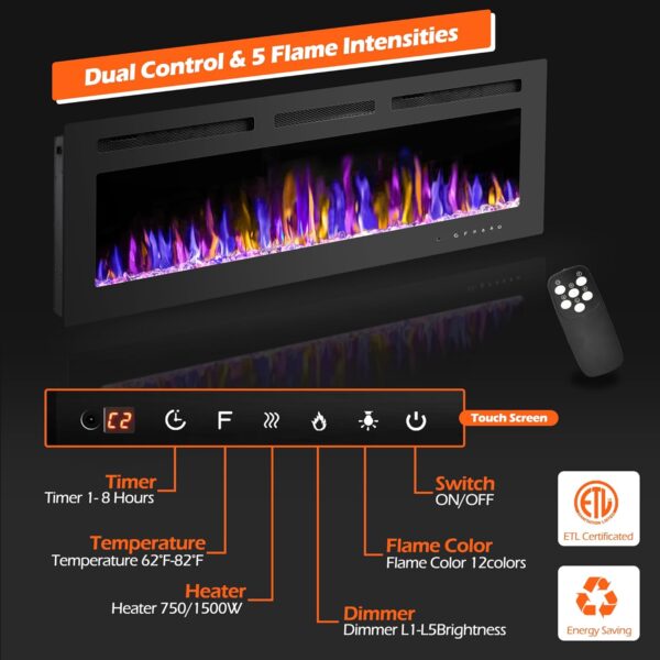 50" Electric Fireplace Wall Mounted and Recessed with Remote Control, 750/1500W Ultra-Thin Wall Fireplace Heater W/Timer Adjustable Flame Color and Brightness, Log Set & Crystal Options - Image 2