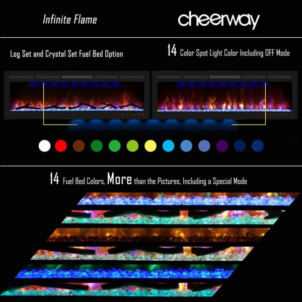 Cheerway 50 Inch Electric Fireplace, Recessed Fireplace Insert and Wall Mount Fireplace Heater with Remote & Touch Control, Adjustable Flame Color & Brightness, Log Set & Crystals, Child Lock & Timer - Image 4