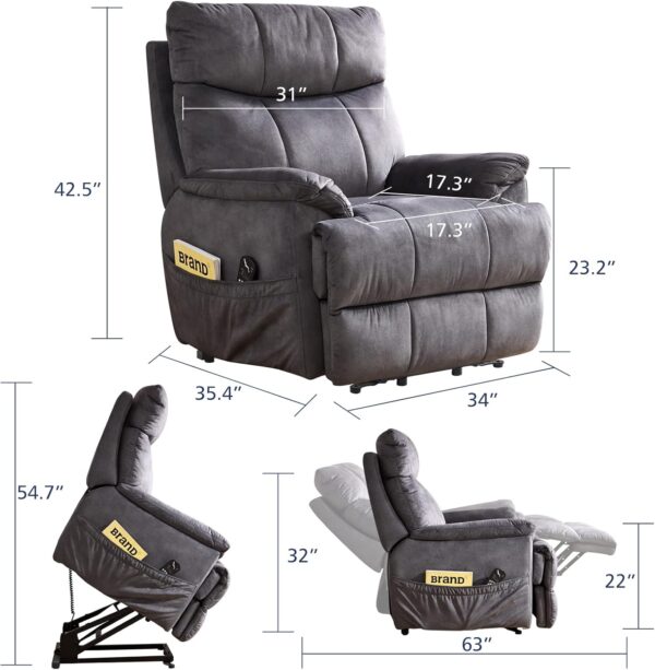 Power Lift Recliner Chair with 8 Points Massage and Heating Functions Electric Lift Fabric Couch for Elderly Up to 300Lbs Living Room Sofa with Side Pocket - Grey, Large - Image 2