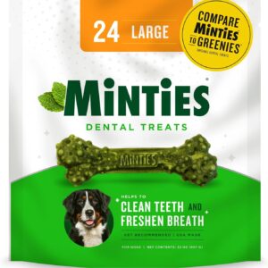 Minties Dental Chews for Dogs, 24 Count, Vet-Recommended Mint-Flavored Dental Treats for Large Dogs Over 50 lbs, Dental Bones Clean Teeth, Fight Bad Breath, and Removes Plaque and Tartar