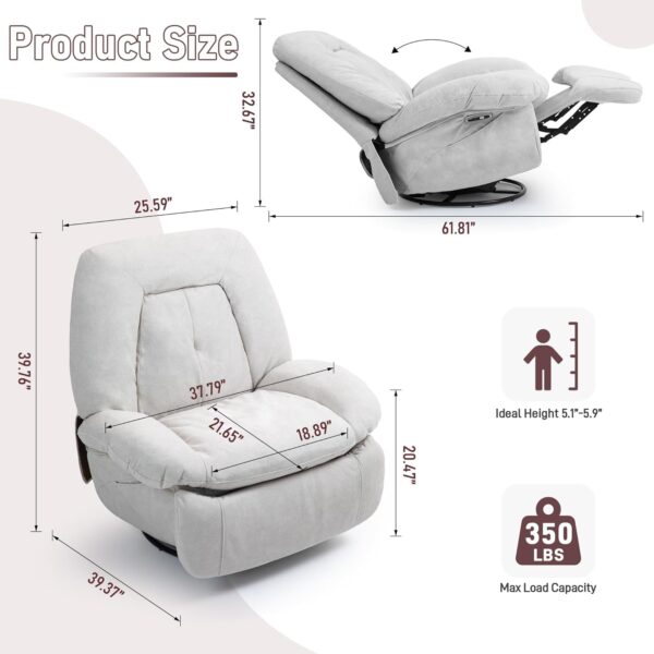 Power Recliner Chair, Swivel Massage Chair Recliner for Adults, Grey Rocker Lazy boy Recliner Chair, Modern Single Lounge Sofa with Side Pocket, USB Port for Living Room Bedroom - Image 2