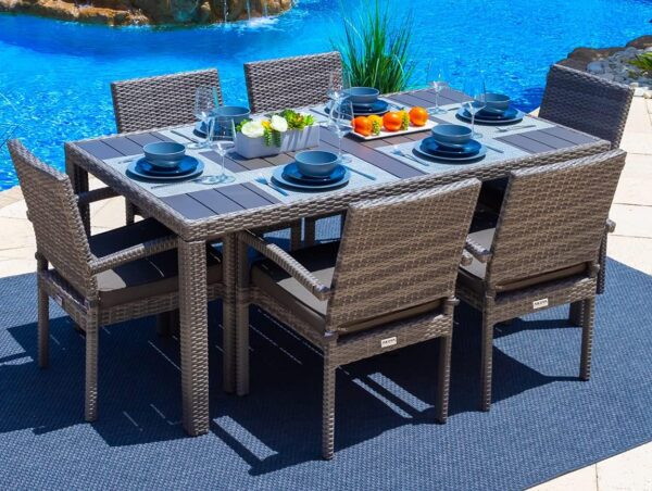 Sorrento 19-Piece Resin Wicker Outdoor Patio Furniture Combination Set in Gray w/Sectional Set, Six-seat Dining Set, and Chaise Lounge Set (Flat-Weave Gray Wicker, Sunbrella Canvas Charcoal) - Image 4