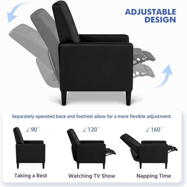 Yaheetech Faux Leather Recliner Sofa Mid-Century Modern Single Reclining Chair Adjustable Back & Footrest Tufted Upholstered Sofa with Pocket Spring Living Room Bedroom Home Theater Black - Image 4