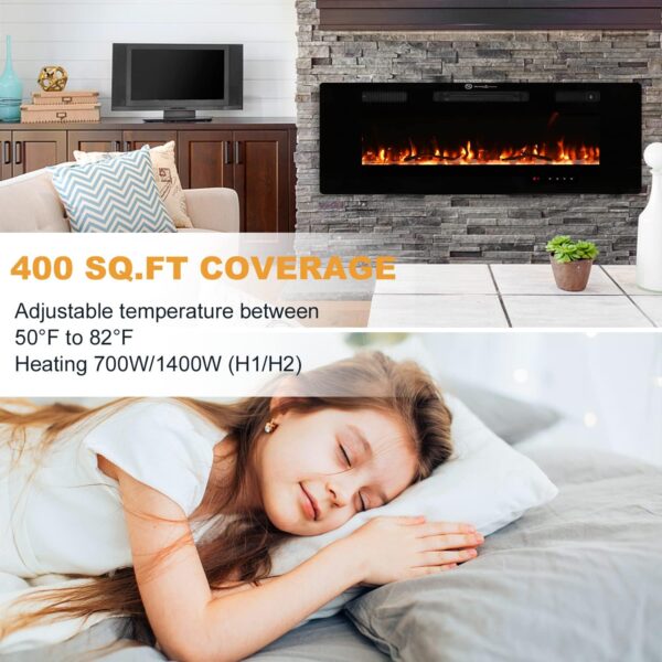 Electric Fireplace, 50 inch Recessed Wall Mounted Fire Place Heater with Remote Control Timer LED Adjustable Flame for Living Room Bedroom - Image 4