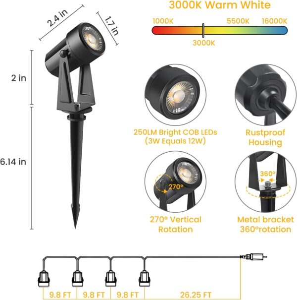 Svater Landscape Lighting Low Voltage,4 Pack Outdoor Spotlights with Transformer, Plug in LED Spot Lights for Yard, Backyard,House 12V 3000K Warm White, IP65 Waterproof - Image 2