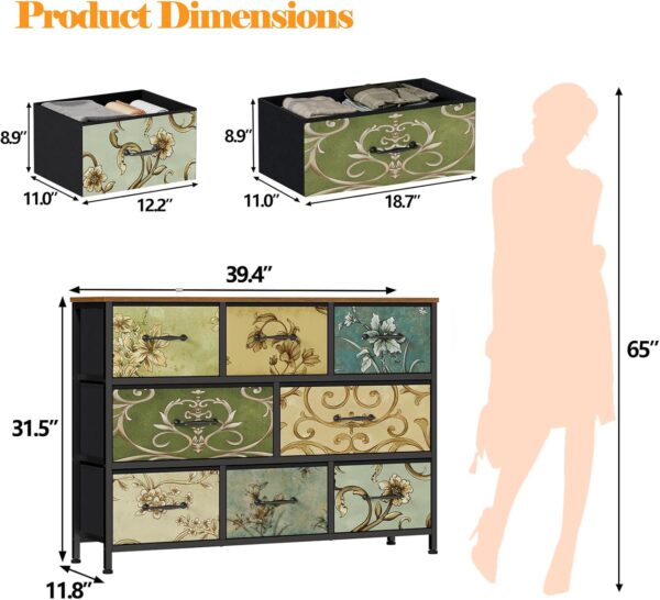 Furnulem 8 Drawer Dresser, Wide Fabric Chest of Drawers, Vintage Furniture for Bedroom, Living Room, Nursery, Hallway, Closet Clothes Storage, Wooden Top - Image 3